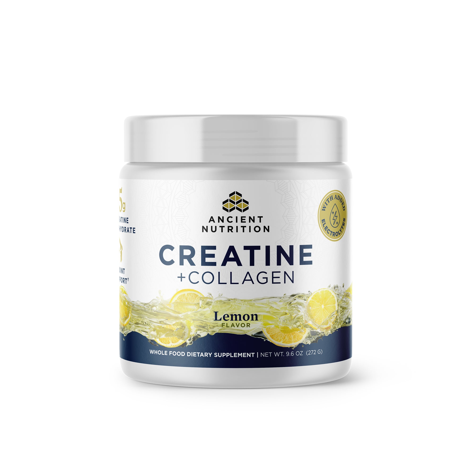 Supplement container labeled 'Creatine + Collagen' with lemon flavor on a white background