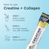 Instructions on how to use creatine + collagen with a lemon-flavored package on a light blue background.