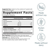 Supplement facts label with icons indicating soy-free, gluten-free, and dairy-free status on a white background.