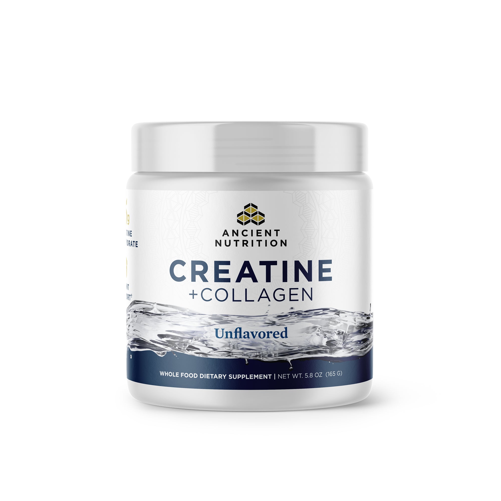 Supplement container labeled 'Creatine + Collagen' by Ancient Nutrition on a white background
