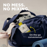 Navy gym bag with supplements and text 'No mess. No mixing.'