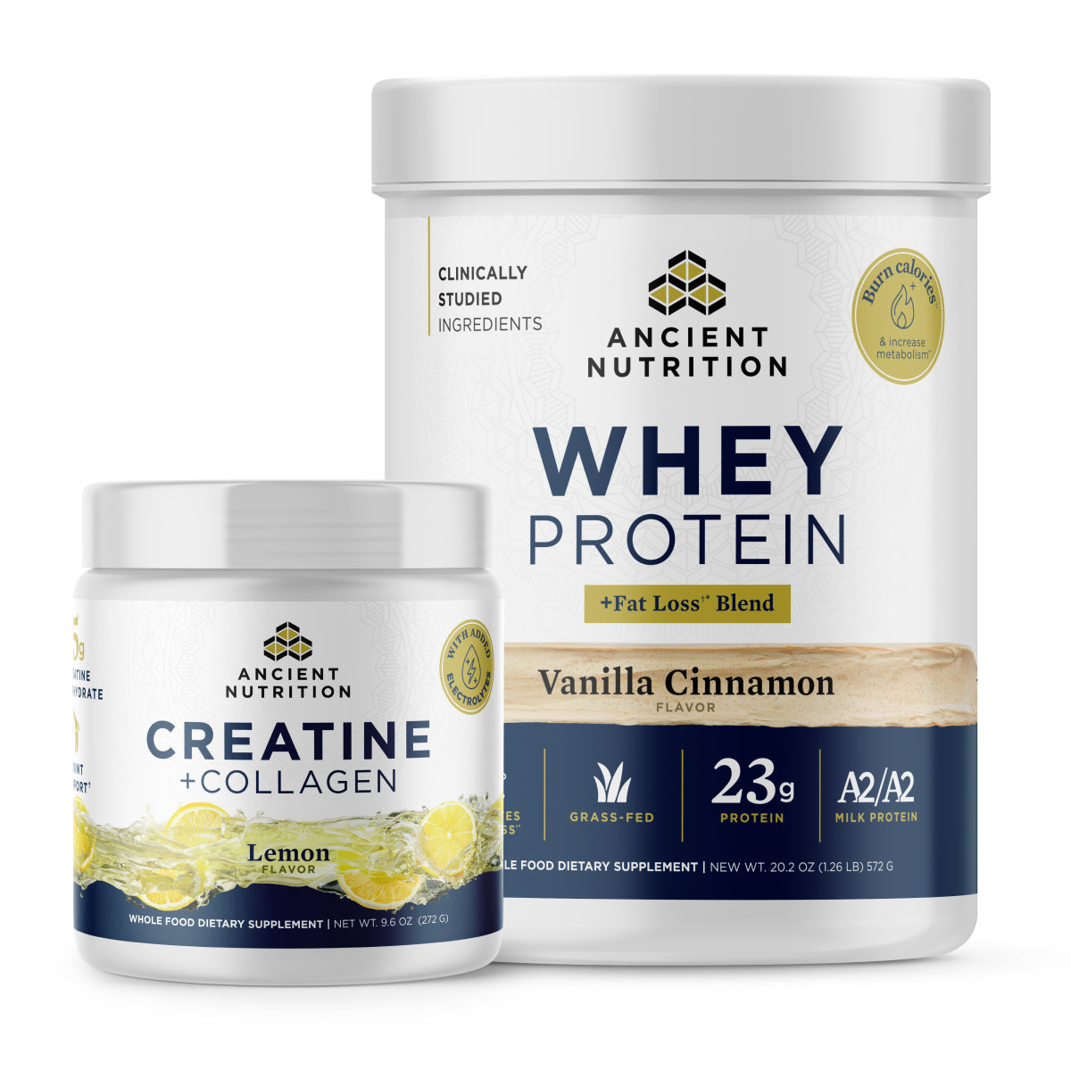 Two Ancient Nutrition supplement containers, one for creatine + collagen and the other for whey protein, on a white background.