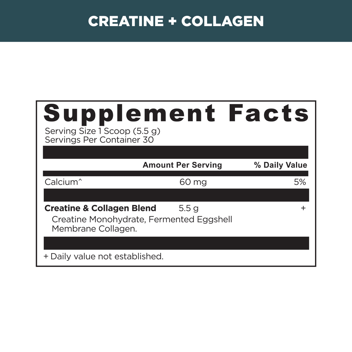 Supplement facts label for creatine and collagen blend on a white background