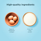 eggs in a bowl and white powder in a bowl side by side and the top says high-quality ingredients