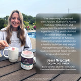 A woman sitting outdoors by a pool next to a jar of Ancient Nutrition Peptides powder, with a large text panel on the right containing a testimonial from Dr. Jessi Grajczyk.