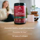 bottle of multi collagen lean powder on a coffee table