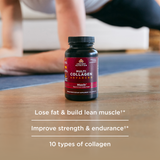 bottle of multi collagen muscle capsules next to a person doing yoga