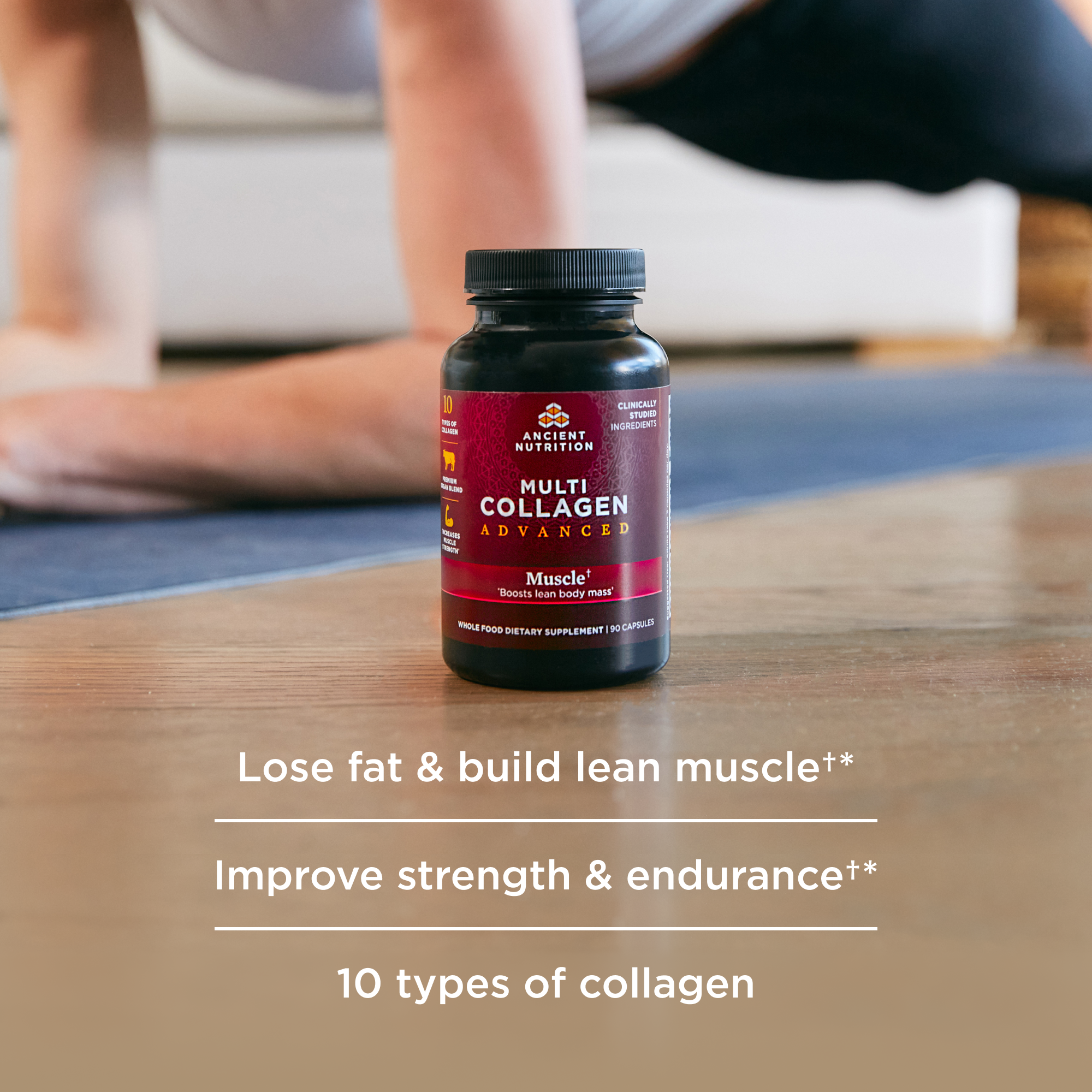 bottle of multi collagen muscle capsules next to a person doing yoga