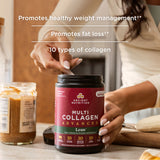 Person holding a container of Ancient Nutrition Multi Collagen Advanced supplement with text about its benefits.