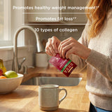 Person preparing a collagen supplement in a kitchen setting