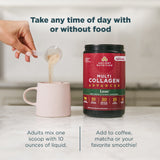 Multicollagen supplement being added to a mug with text on how to use it.