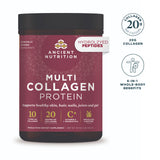 Multi Collagen Protein Powder Unflavored (45 servings) bottle shown on a white background with two circular benefit callouts on the right.