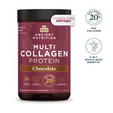 A tub of Ancient Nutrition Multi Collagen Protein in Chocolate flavor, shown on a white background with two circular callout graphics on the right highlighting collagen 20g and 6-in-1 whole-body benefits.