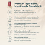 An informational marketing graphic for multi collagen protein. It features a small bottle of the product at the top left, set against a light beige textured background.