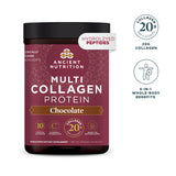 Ancient Nutrition Multi Collagen Protein powder tub in Chocolate flavor, shown on a white background with two circular benefit callouts on the right highlighting 20g collagen and 6-in-1 whole-body benefits.