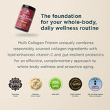 A promotional graphic for a bottle of Multi Collagen Protein powder. The product bottle is shown in the upper left on a light beige background with dark teal text describing its benefits.