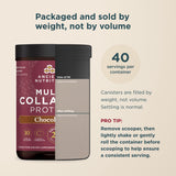 bottle of Multi Collagen Protein Powder Chocolate (40 Servings) shown on a beige background with informational text. The product is labeled Chocolate flavor and includes a scoop container shown beside the canister, with text explaining servings per container and serving tips.