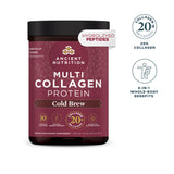A tub of Ancient Nutrition Multi Collagen Protein Cold Brew supplement on a white background, with two circular callout graphics on the right highlighting 20g collagen and 6-in-1 whole-body benefits.