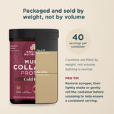 bottle of Multi Collagen Protein Powder Cold Brew (40 Servings) with a black lid and a maroon and beige label, shown on a light beige background with informational text about serving size and how the product is filled by weight.