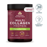 Ancient Nutrition Multi Collagen Protein supplement tub in Cucumber Lime flavor, featuring a dark maroon label with a black lid, shown on a white background with two circular benefit callouts on the right.