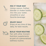 A promotional graphic with a beige background and a glass of iced cucumber drink on the right. On the left, dark teal text reads 'MIX IT YOUR WAY', 'ENJOY DAILY', and 'BUILD YOUR ROUTINE' with simple icons for mixing, drinking, and routine building.