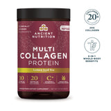 A bottle of Ancient Nutrition Multi Collagen Protein in Lemon Iced Tea flavor, shown on a white background with two circular benefit callouts on the right.