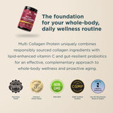 A promotional graphic for Multi Collagen Protein powder featuring a single bottle in the upper left, large dark teal headline text, descriptive body copy about the product benefits, and five circular badge icons along the bottom highlighting third-party testing, clinician's choice award, non-GMO, CGMP certification, and popularity.