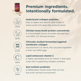 An informational graphic for a collagen supplement, featuring a small bottle illustration at the top left and a list of premium ingredient benefits on a warm beige background. Text highlights hydrolyzed collagen peptides, chicken bone broth protein concentrate, clinically studied fermented eggshell collagen, lipid-enhanced vitamin C, and a gut-resilient probiotic.