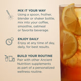 Promotional graphic with text on a warm beige background and a glass of iced iced tea with lemon slices on the right. The text reads: 'MIX IT YOUR WAY,' 'ENJOY DAILY,' and 'BUILD YOUR ROUTINE.