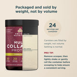 Multi Collagen Protein Lemon Iced Tea (24 Servings) canister shown on a beige background with informational text about serving size and how to scoop the product.