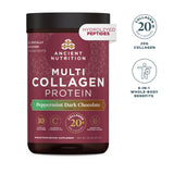 Multi Collagen Protein Powder Peppermint Dark Chocolate (24 Servings) bottle with icons on the right that say 20 g of collagen per 2 scoops
