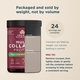 bottle of Multi Collagen Protein | Powder Peppermint Dark Chocolate (24 Servings) shown on a beige background with informational text. The product is labeled Chocolate flavor and includes a scoop container shown beside the canister, with text explaining servings per container and serving tips.