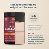 Multi Collagen Protein Pumpkin Cream (24 Servings) canister shown on a beige background with informational text about serving size and how the container is filled by weight rather than volume.