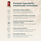 An informational marketing graphic for multi collagen protein. The top features the product bottle set against a light beige background with dark teal text highlighting premium ingredients and key benefits like hydrolyzed collagen peptides, chicken bone broth protein concentrate, and non-GMO sourcing.