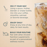 Promotional graphic with three text callouts on a warm beige background and a glass of iced coffee on the right. The text reads: 'Mix it your way,' 'Enjoy daily,' and 'Build your routine,' with simple line icons.