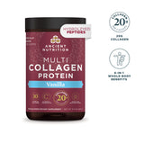 Ancient Nutrition Multi Collagen Protein powder tub in Vanilla flavor, featuring a dark maroon label with a black lid, shown on a white background with two circular benefit callouts on the right.