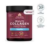 A tub of Ancient Nutrition Multi Collagen Protein powder in Vanilla flavor, shown on a white background with two circular benefit callouts on the right highlighting 20g collagen and 6-in-1 body benefits.