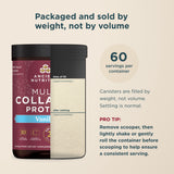 Multi Collagen Protein Powder Vanilla (60 Servings) bottle on a beige background with informational text about serving size and how the product is packaged and measured by weight.