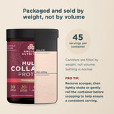 bottle of Multi Collagen Protein Watermelon Lime (45 Servings) on the left and it says packaged and sold by weight, not by volume