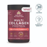 Ancient Nutrition Multi Collagen Protein powder in Strawberry Lemonade flavor, shown in a black tub with a dark red label. The image includes two callout graphics on the right highlighting collagen content and whole-body benefits.