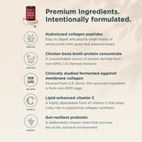 A promotional informational graphic for Multi Collagen Protein Strawberry Lemonade (24 Servings). The left side features a small bottle of the product with a wooden spoon, while the right side contains marketing text and icons highlighting ingredients: hydrolyzed collagen peptides, chicken bone broth protein concentrate, non-GMO collagen, vitamin C, and a probiotic.