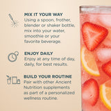 a glass of strawberry lemonade collagen with instructions on how to use the product