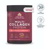 Ancient Nutrition Multi Collagen Protein powder tub in Strawberry Lemonade flavor, shown on a white background with two circular benefit callouts on the right.