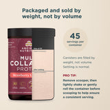 bottle of Multi Collagen Protein Powder Strawberry Lemonade (45 Servings)  on a beige background with informational text. The canister is dark brown with a black lid
