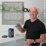 A smiling man in a black t-shirt holds a gray shaker bottle while standing next to a white counter with a blue shaker container and a product card. A large text overlay on the left discusses functional medicine and recovery, and the Ancient Nutrition brand logo is visible on the counter and as a watermark.
