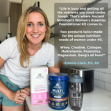 A woman stands in a kitchen-like setting with three Ancient Nutrition products in front of her: a Women's Essentials box, a Multi Protein tub, and a shaker bottle. A large text panel on the right includes a testimonial quote attributed to Edwina Clark, MS, RD.