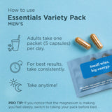 Instructional graphic for the Essentials Variety Pack Men's supplement, showing text instructions, two gold capsules, and a blue sachet on a light blue background.