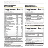 Two supplement fact panels for Men's Essentials Variety Pack on a white background. The left panel shows 'Men's Once Daily Multivitamin' supplement facts with a suggested usage of adults taking 1 pack per day.