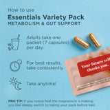 Instructional graphic for the Essentials Variety Pack on a light blue background, showing text about daily dosage and benefits alongside a pink supplement pouch, two gold capsules, and small line icons.