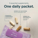 Three capsules and a purple packet arranged on a light textured background with callout text describing a women's 40+ multivitamin and SBO probiotic daily packet.